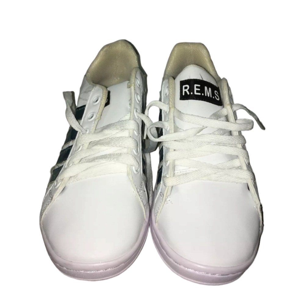 R.E.M.S. Classic White Sneakers Blue Stripes Women's Mexico Size 23 US 6 Shoes - Picture 2 of 7